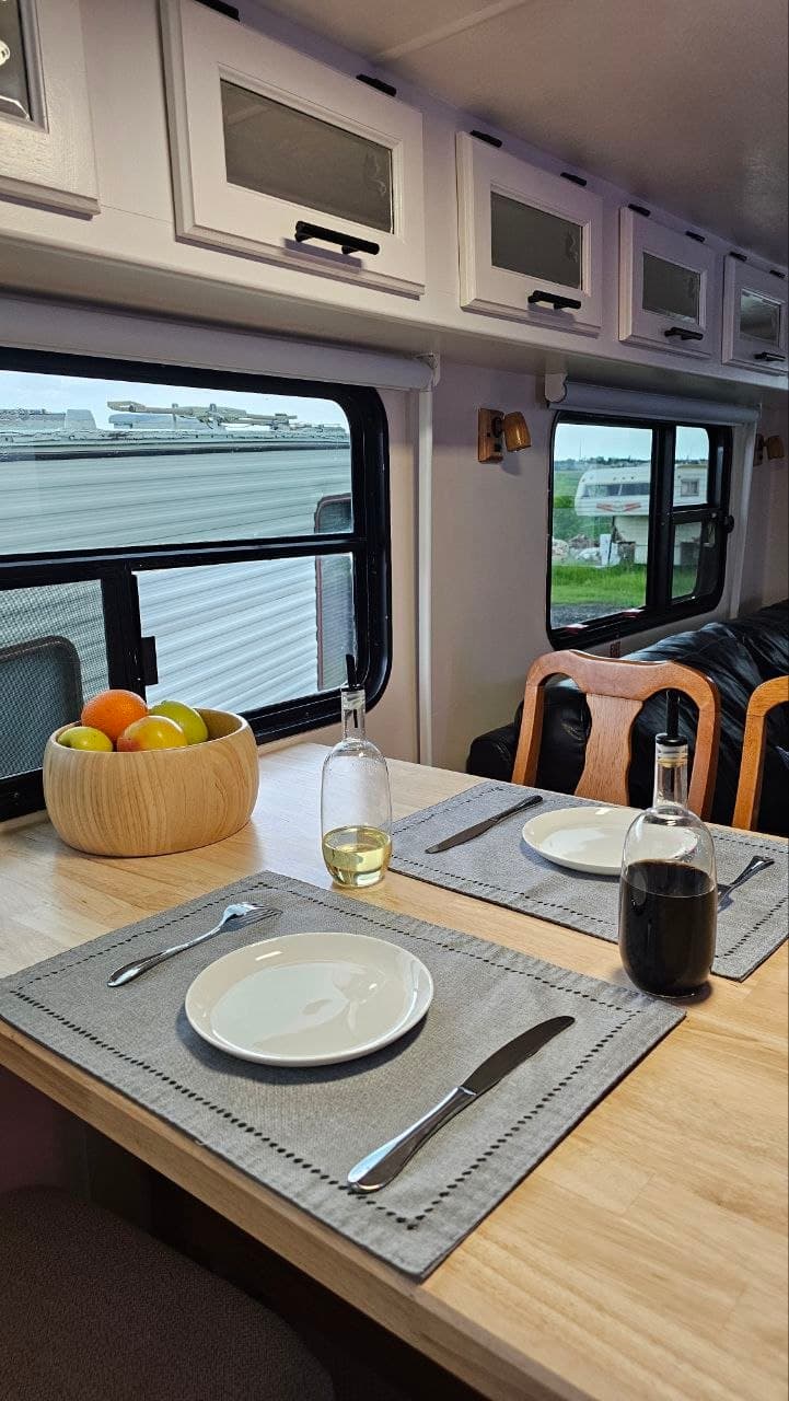 Travel trailer dining area after a full interior renovation