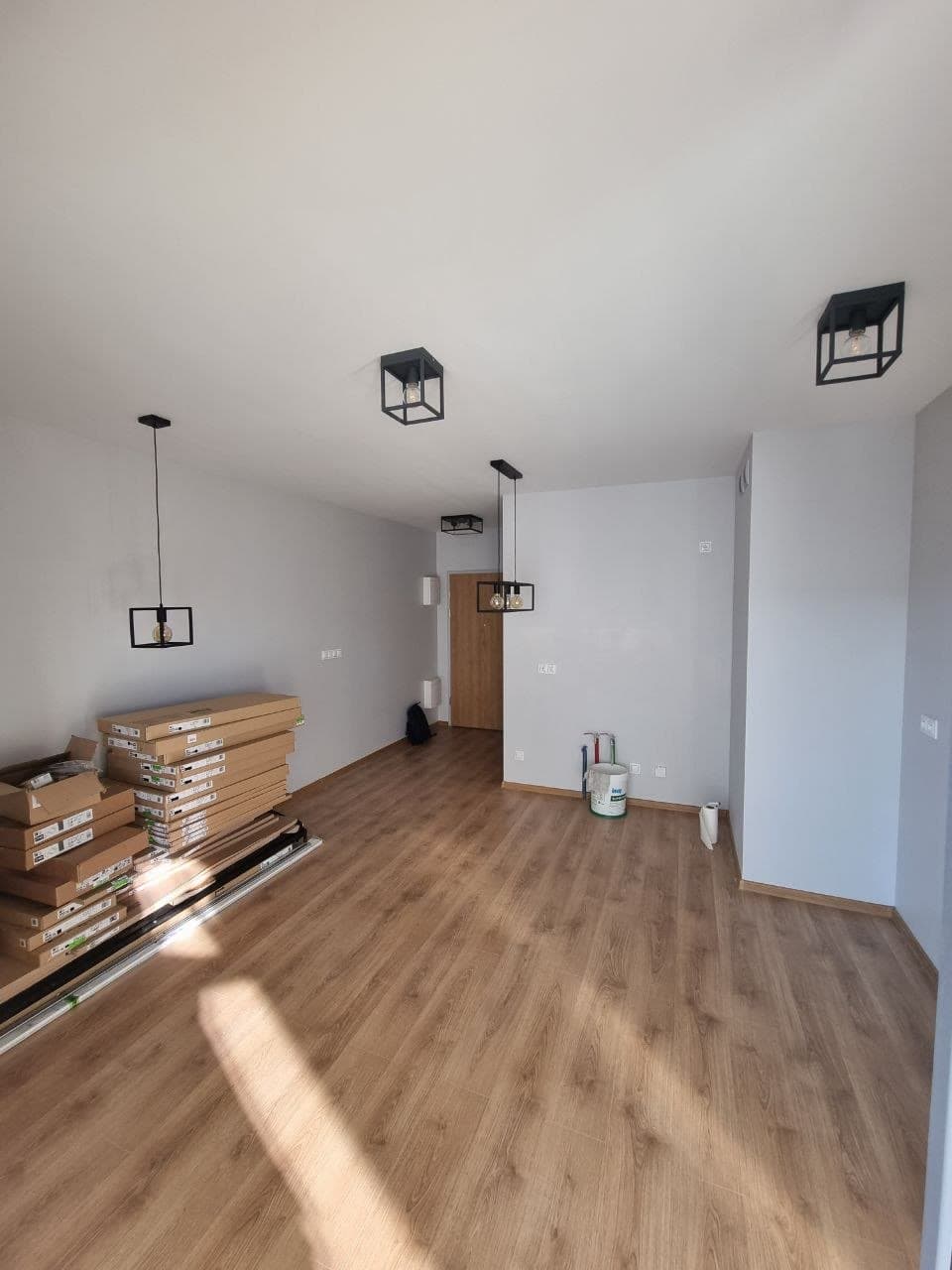 Bright, freshly painted room with wood flooring and modern light fixtures