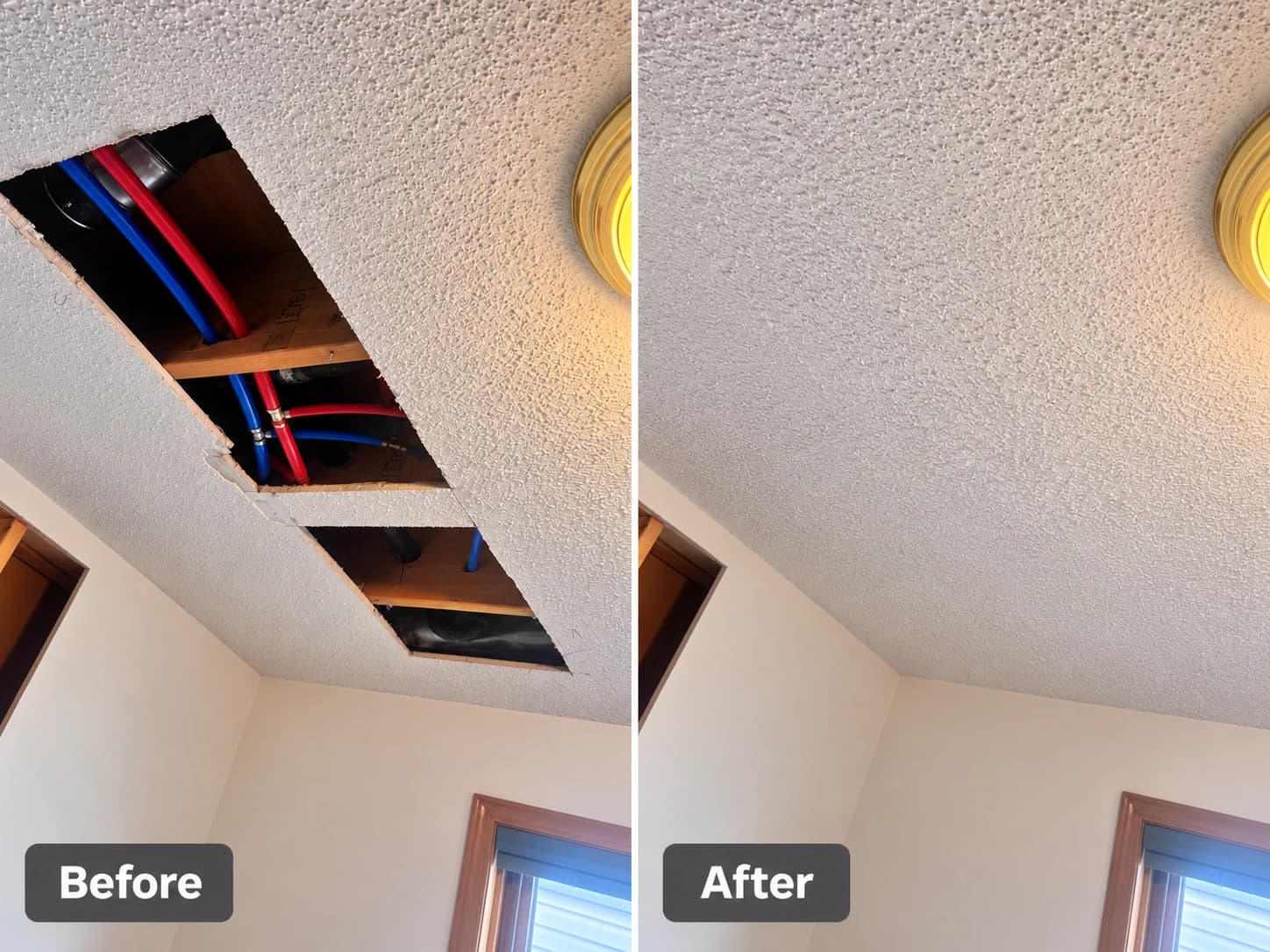 Popcorn ceiling hole patched and texture-matched so the drywall repair is invisible — Calgary