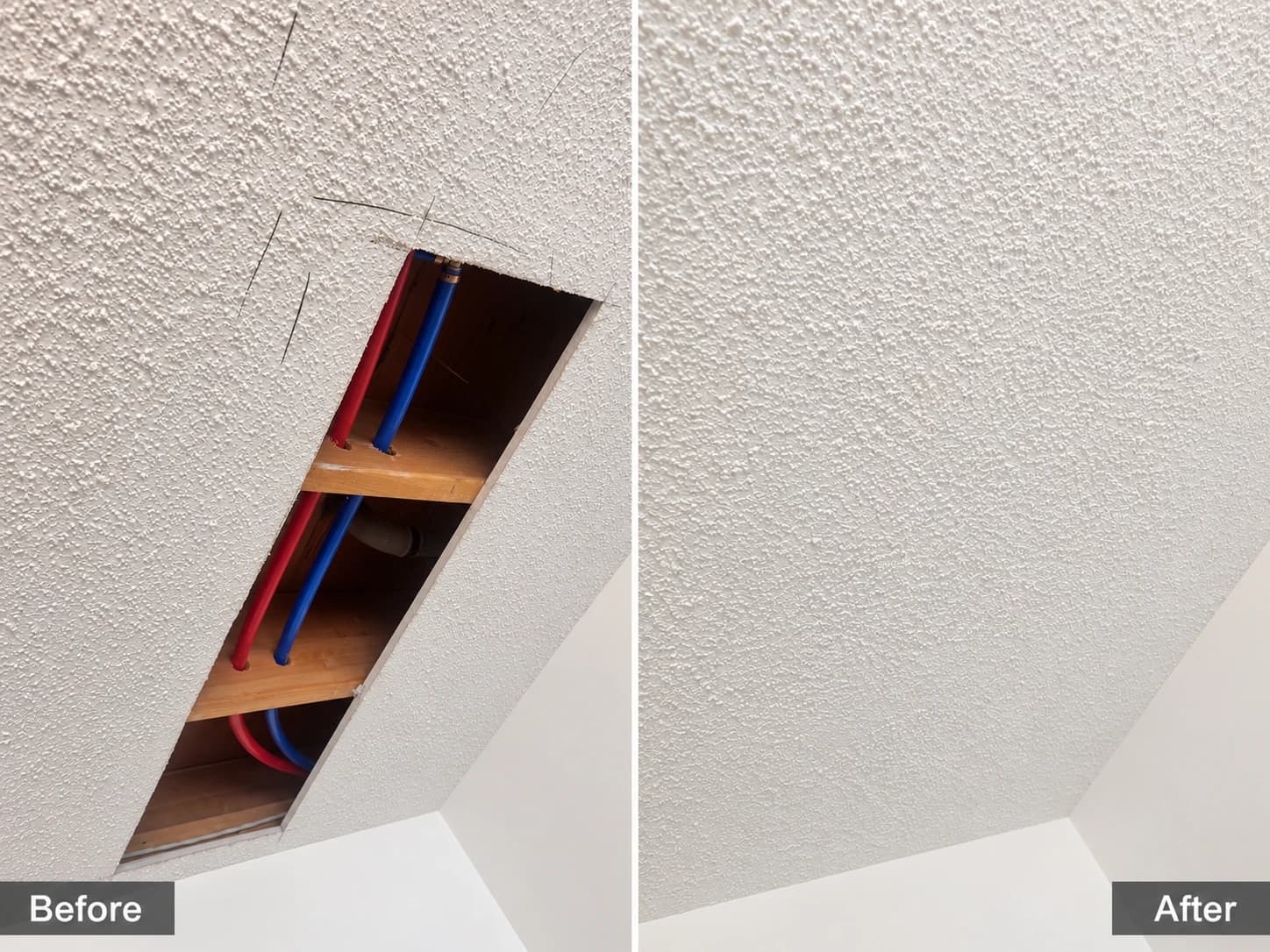 Angled stipple ceiling opening after Poly-B replacement, patched and texture-matched — Calgary
