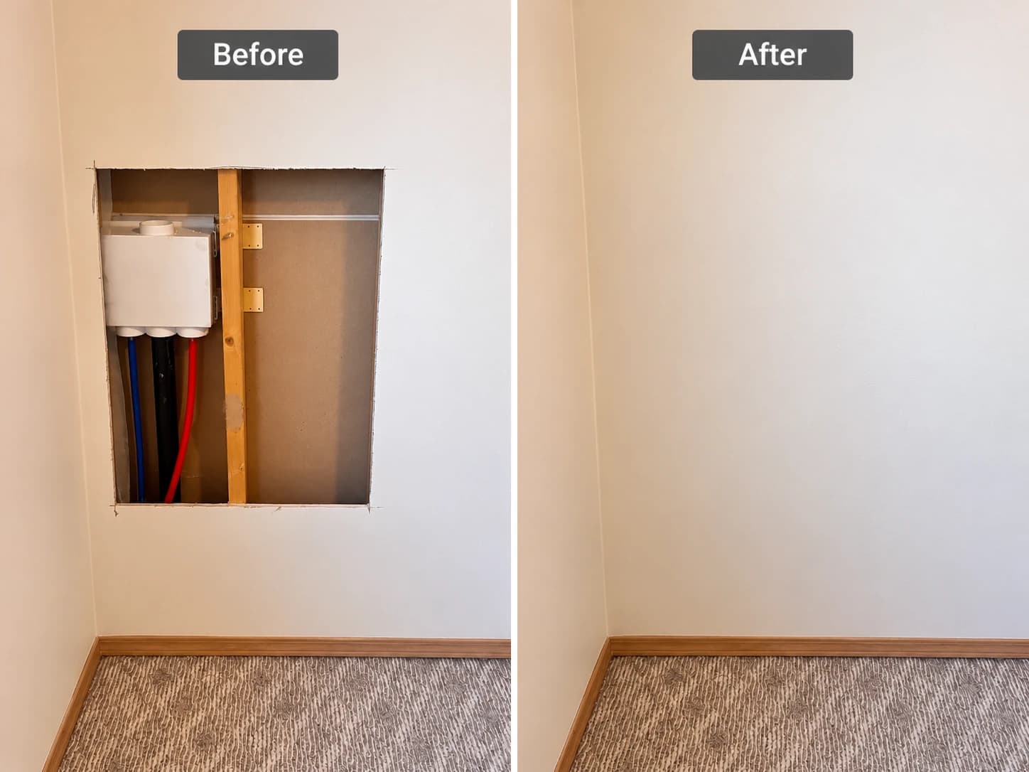 Drywall wall opening around a plumbing manifold patched and repainted after a Poly-B repipe — Calgary