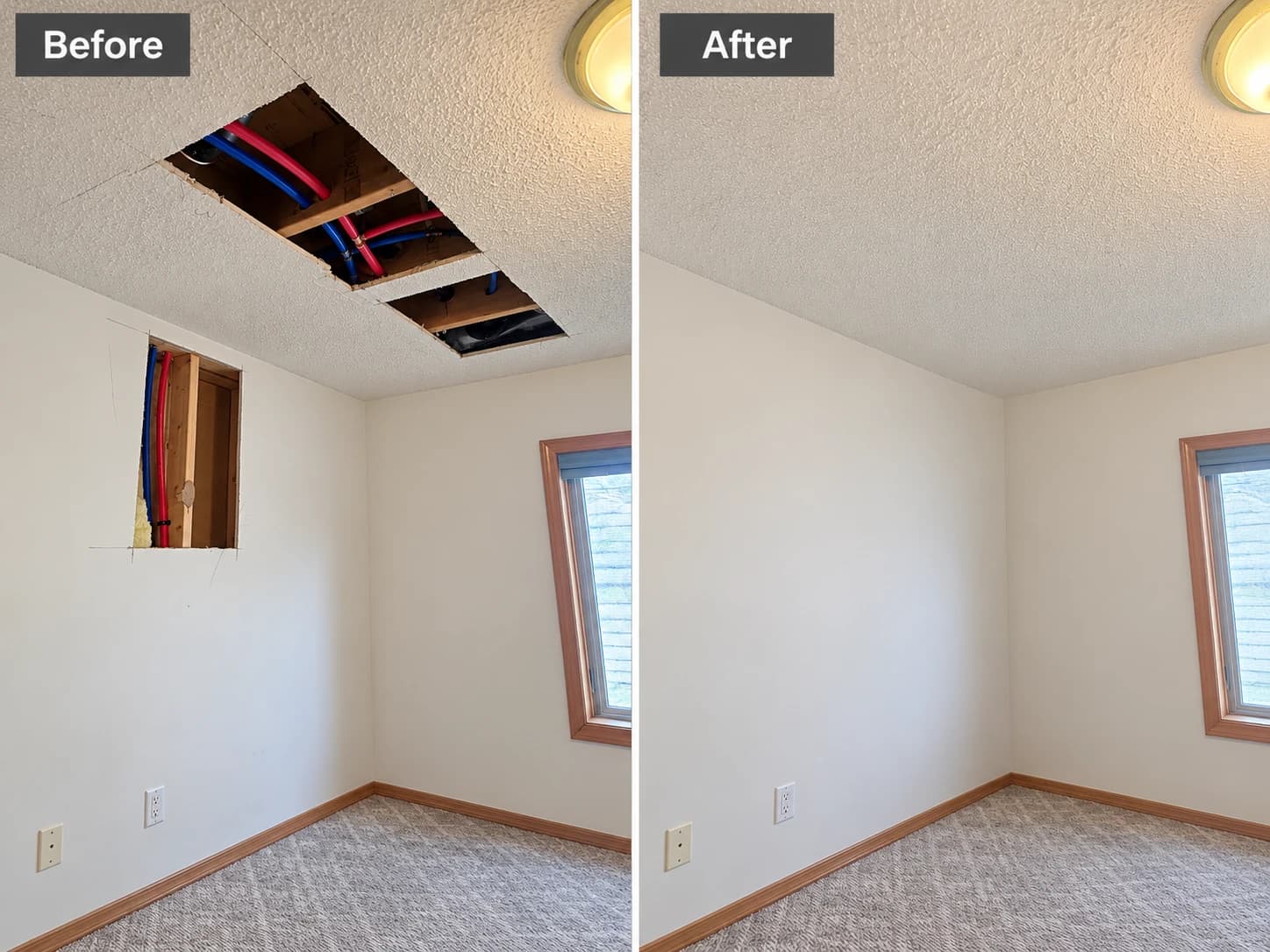 Bedroom ceiling and wall Poly-B access holes patched, textured and painted — Calgary