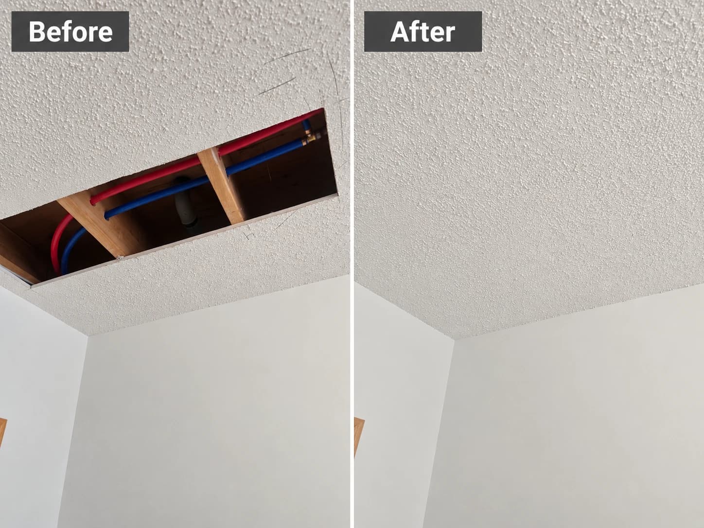 Corner popcorn ceiling drywall patch with a seamless stipple texture match — Calgary