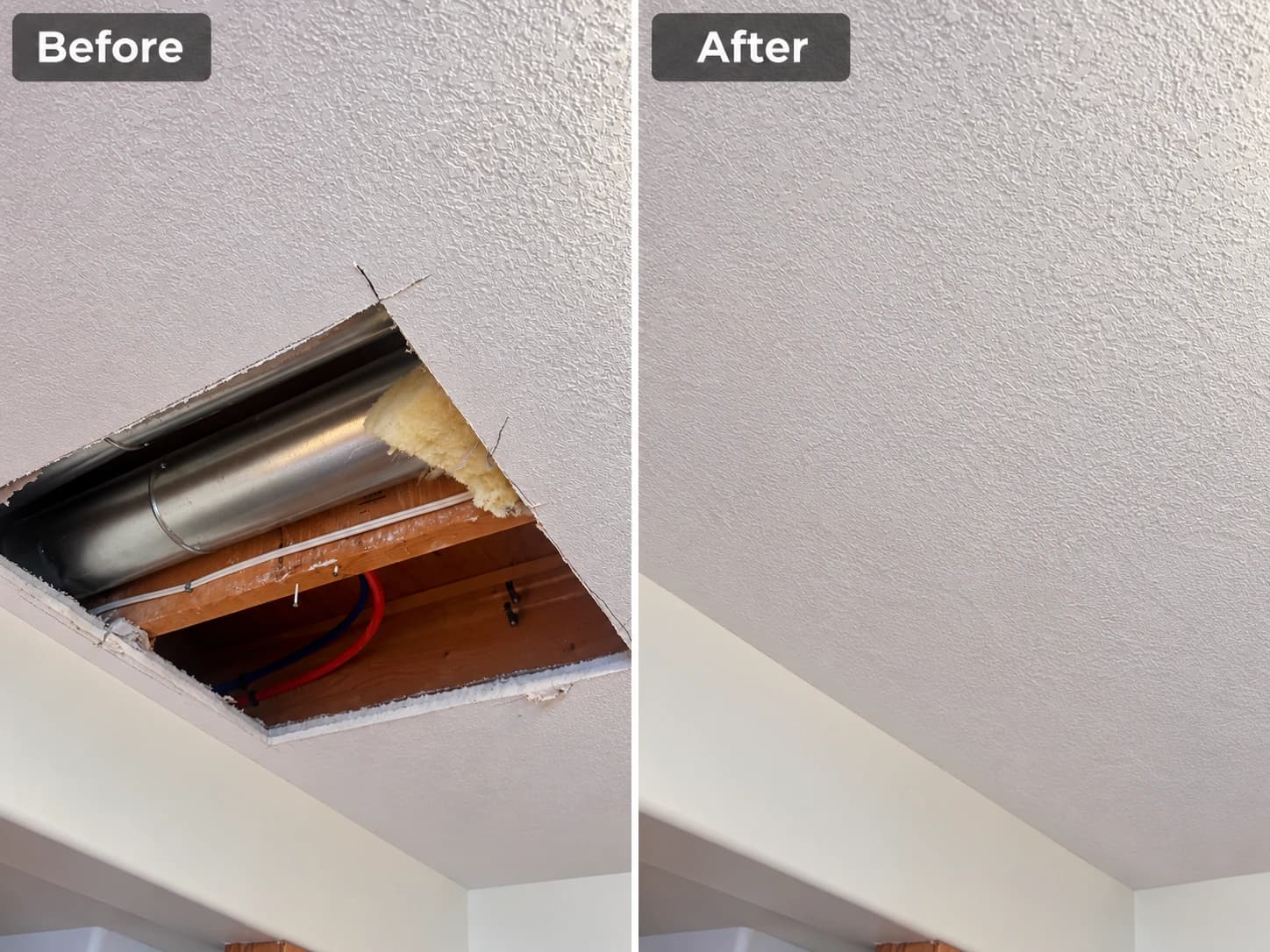 Ceiling opening near ductwork patched and texture-matched after a Poly-B repipe — Calgary