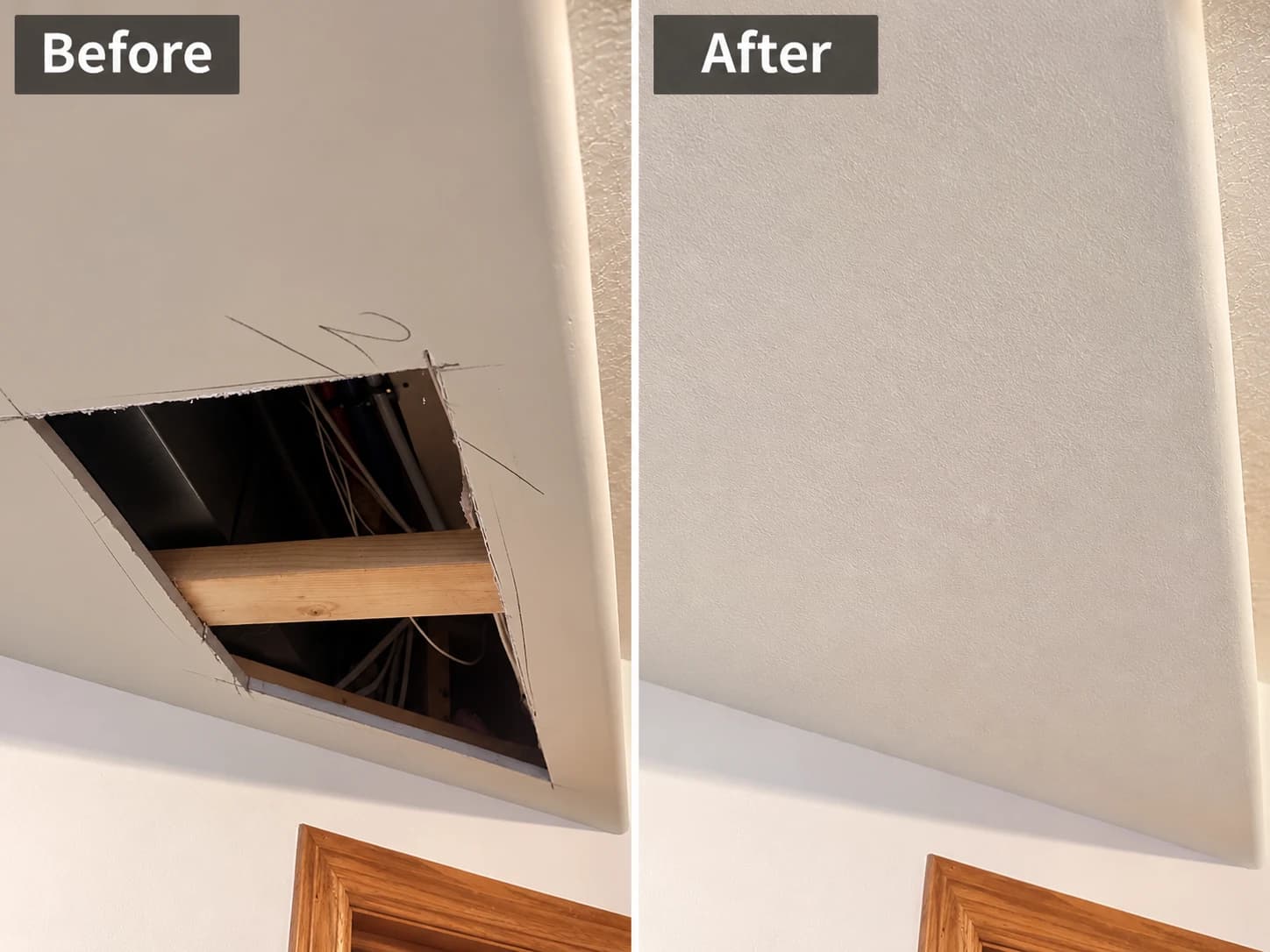 Sloped ceiling drywall patch blended with a knockdown texture match — Calgary