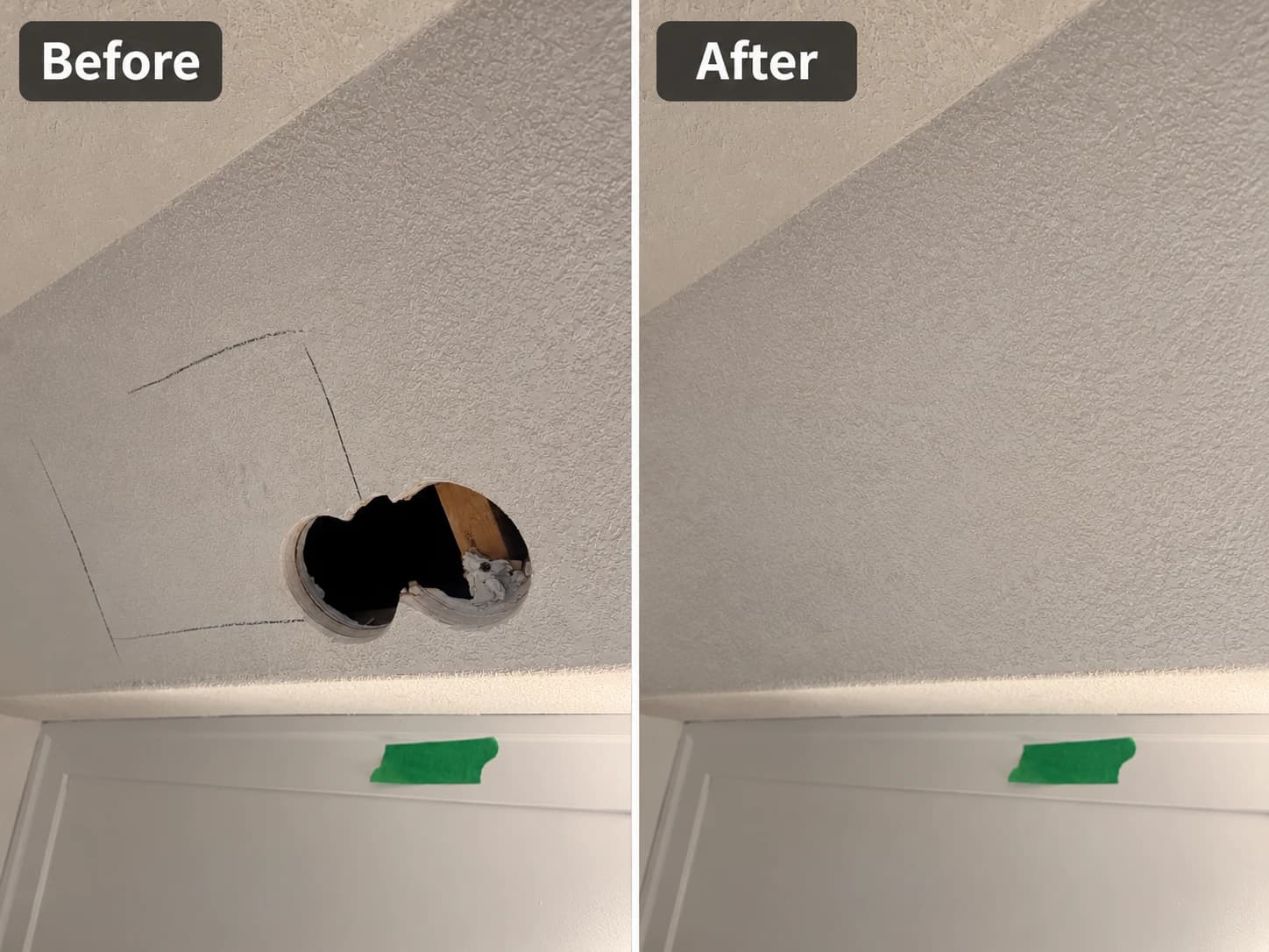 Small ceiling hole above cabinets patched and texture-matched — Calgary