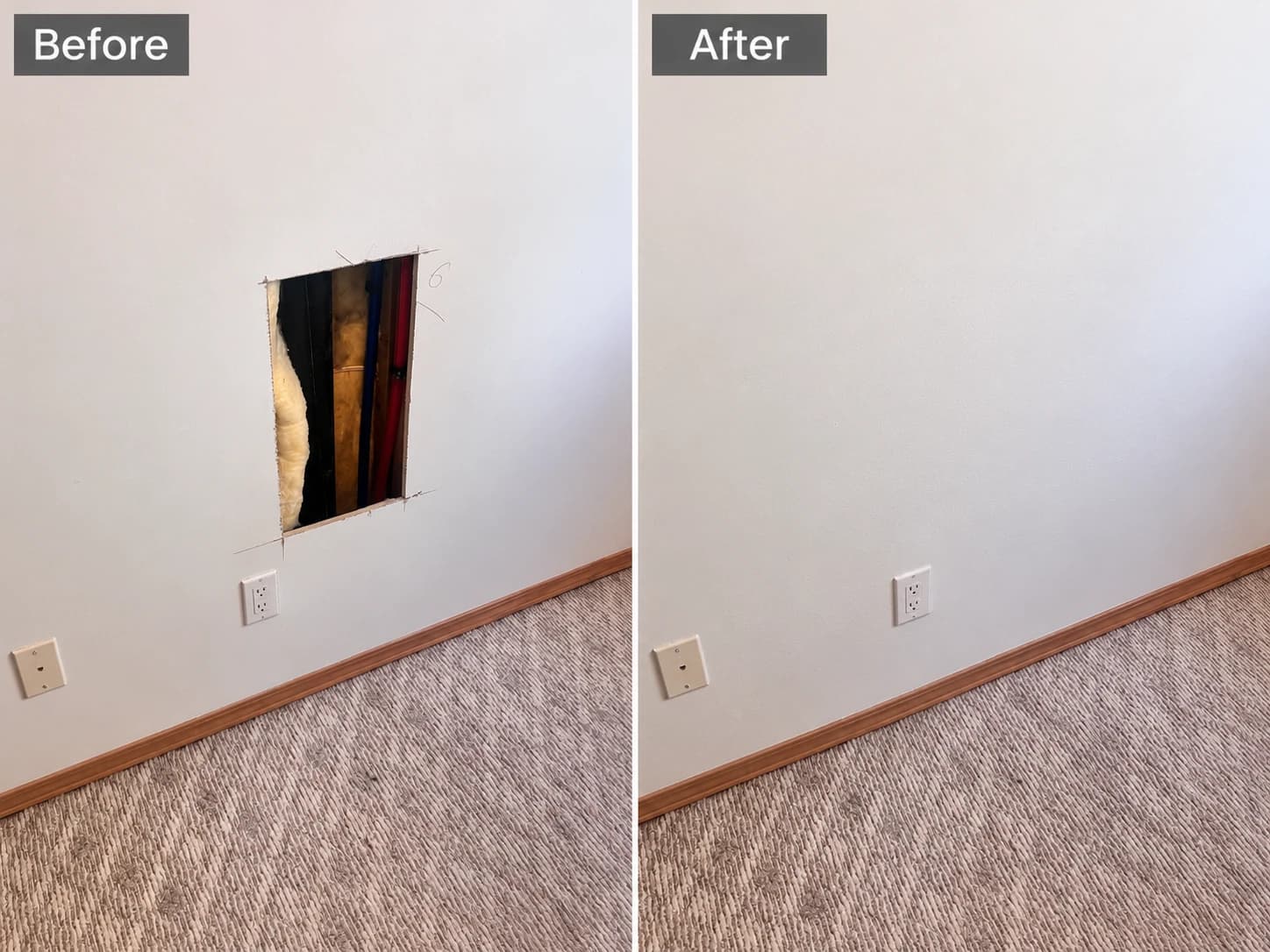 Wall access hole patched and repainted after a Poly-B repipe — Calgary