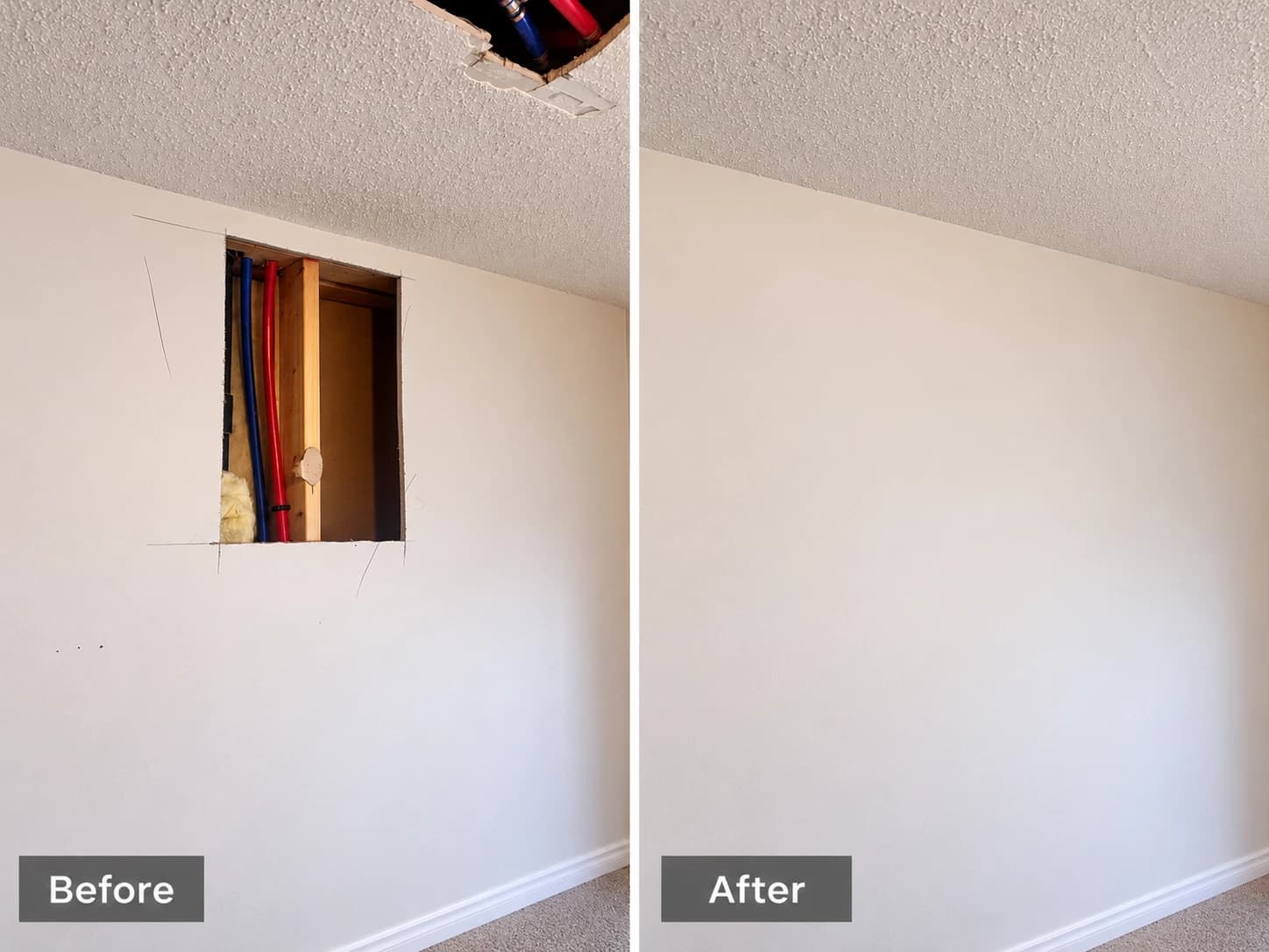 Wall and ceiling Poly-B access holes patched, textured and repainted — Calgary