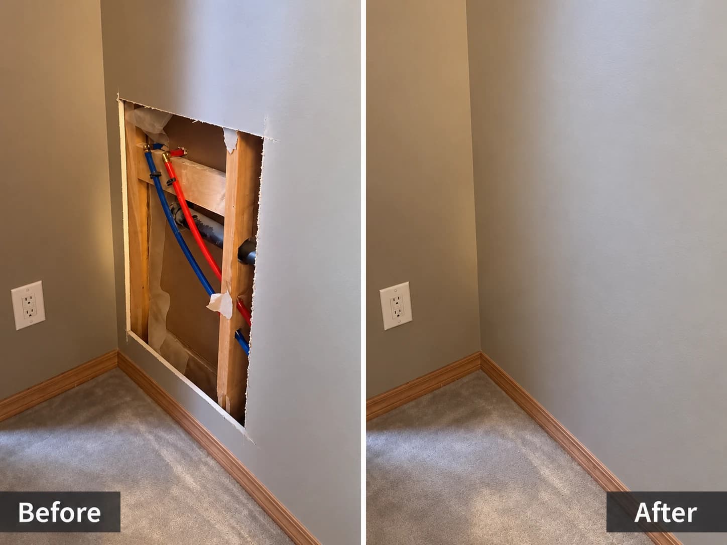Wall drywall access hole closed up and repainted after a Poly-B repipe — Calgary